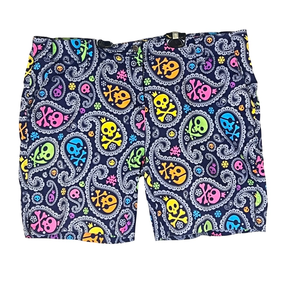 Loudmouth Skulls Shorts Womens 14 Golf Blue Neon Paisley  Crossbones Stretch